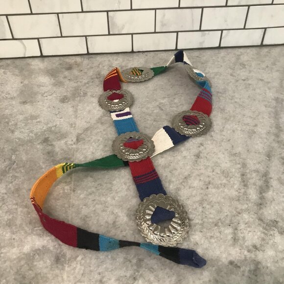 Southwestern Concho Belt Womens Multicolor Woven Sash Silver Tone Boho Western - Picture 5 of 6